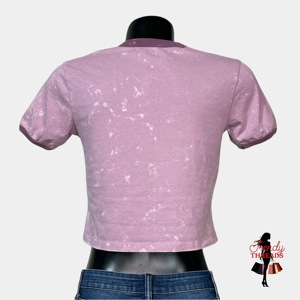 5/$25 ⭐️ Mighty Fine Good Natured Tee SMALL Purple Floral Cropped T-Shirt Bleach - Picture 3 of 5